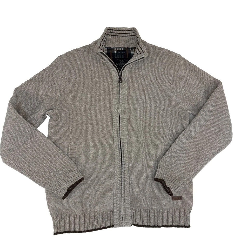 Buffalo David Bitton Beige Full Zip Men's Sweater Sz M Plaid Fleece Lined Jacket